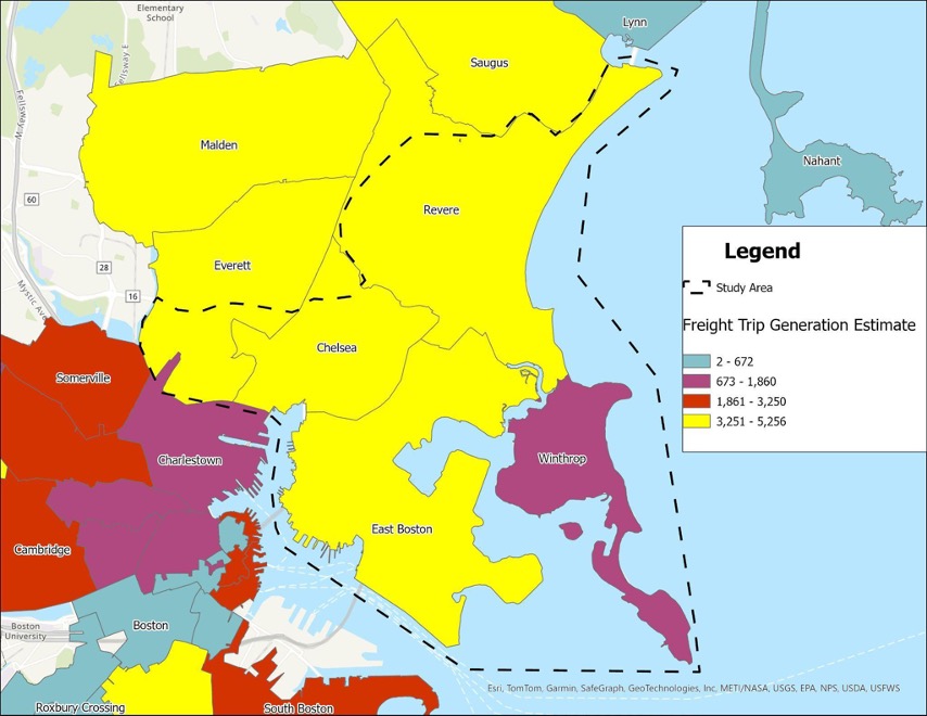 Figure presents estimated daily freight and service trip generation for the study area and surrounding communities